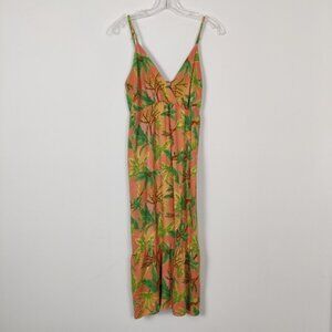 Monteau Women's Floral Jumpsuit Size Medium Coral Green Tropical Bohemian Linen